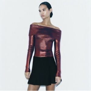 ZARA Tik Tok Viral Off The Shoulder Foil Knit Top Metallic Red Size S